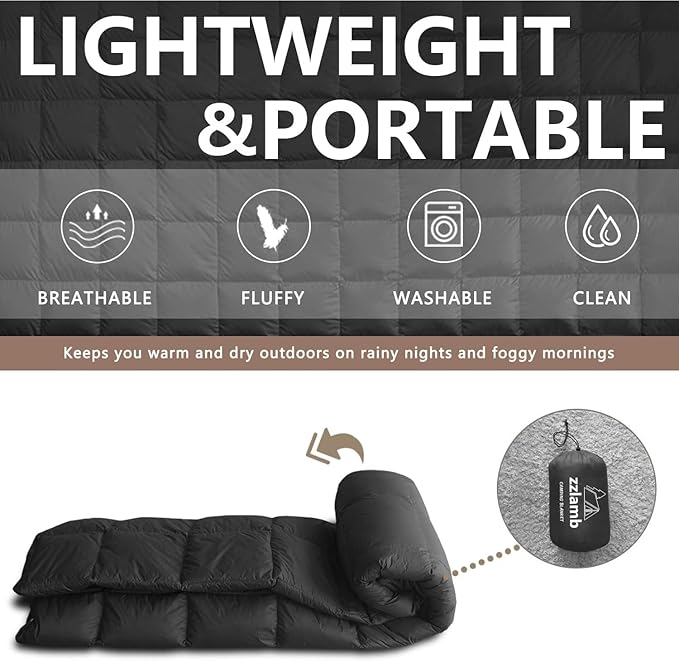 zzlamb Puffy Down Camping Blanket Water-Repellent, Down Throw Travel Blanket Portable for Outdoor, Light Warm Quilt for Couch Plane Car Theater Stadium Picnic RV Backpacking Hammock