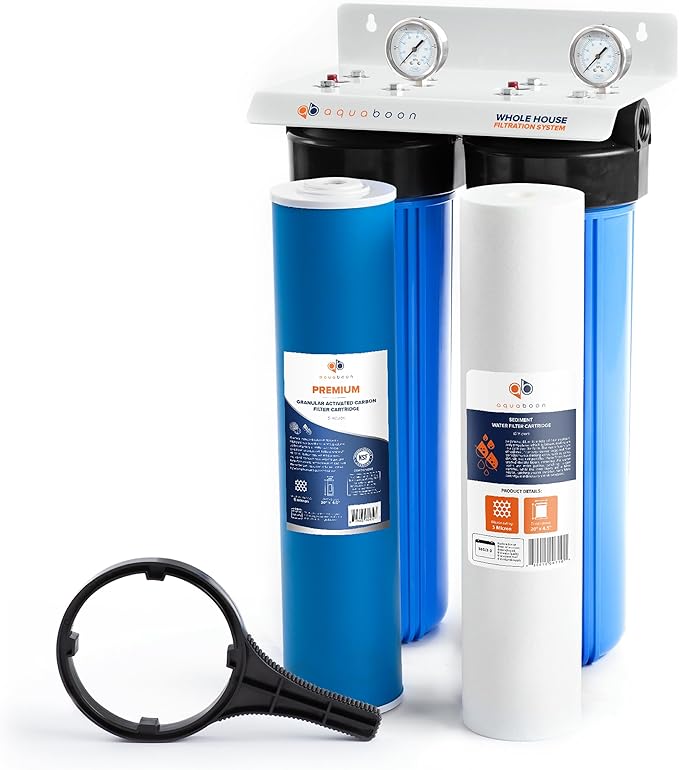 2-Stage Whole Home Water Filtering System Chlorine & Sediment Reducing, 20x4.5 GAC & Sediment Filters Included with Gauge & Release, Wrench, Bracket