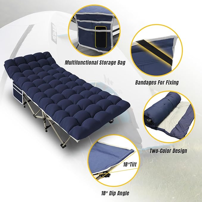 YELLOW JACKET Folding Camping Cot for Adults,600LBS Max Load,28" Wide Sleeping Cot with Removable Thick Mattress Portable Foldable Camping Bed with Carry Bag for Camp,Home,Office,Travel,Blue