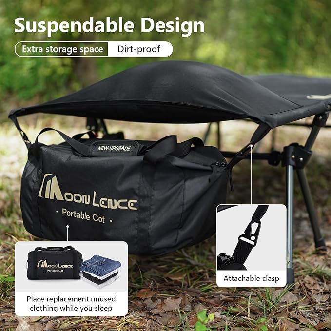 MOON LENCE Height Adjustable Camping Cot - Supports 330 lbs, Portable Folding Bed with Leg Extenders & Camping Pillow for Camping, Hiking, Sleeping, Black