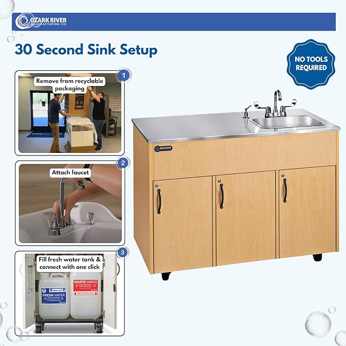 Ozark River Portable Sinks, Advantage S1D, Maple Laminate Cabinet-Stainless Countertop, Hot Water Hand Washing Station with Countertop & Storage Space, Self Contained Sink, Portable Hand Washing Sink