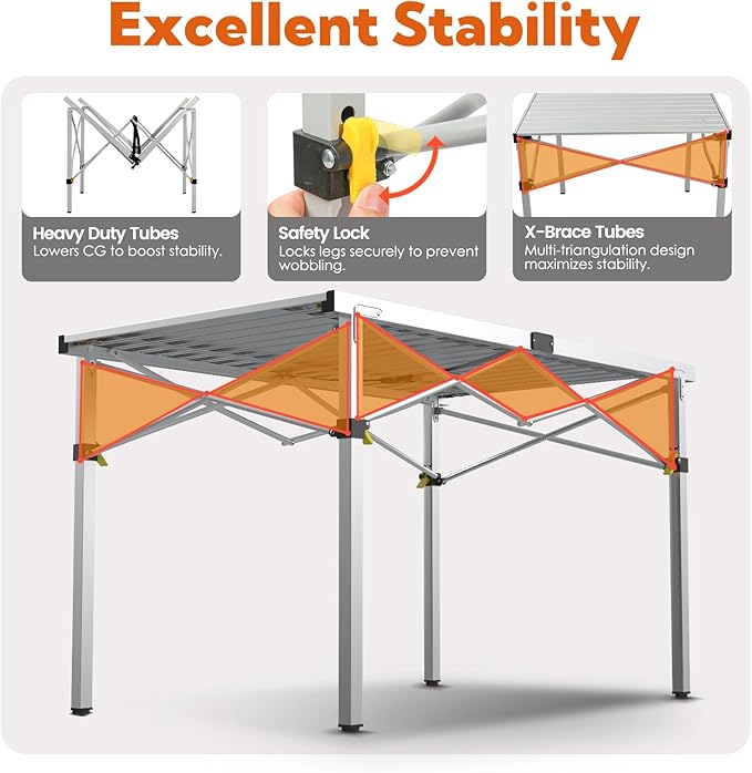 Portable Outdoor Camping Table Large for 2-6 Person - Foldable Camp Table with Aluminum Roll-Up Top & Carry Bag for BBQ, Tailgating, Backyard, 220 Lbs Capacity, Stable & Sturdy (Silver)