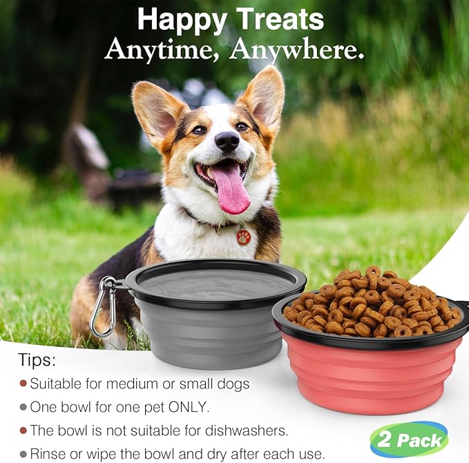 Pawaboo Collapsible Dog Bowls 2 Pack, Silicone Feeding Watering Bowls with Lids & Carabiners for Dogs Cats, Portable Water Feeder Food Bowl for Walking Traveling Home Use, 1000ml, Light Pink + Grey