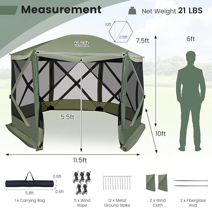 Tangkula 11.5x11.5 Ft Pop Up Gazebo with Netting, Portable Screen Tent with 6 Sided Mesh Walls, 2 Sunshade Cloths, Outdoor Instant Canopy Shelter with Carry Bag for Camping, Lawn, Backyard