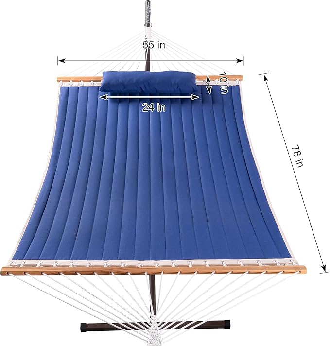 Lazy Daze Quilted Fabric Hammock with 12-Foot Stand, Double 2-Person Hammock with Pillow for Outdoor Outside Patio, Garden, Backyard, 450LB Capacity, Royal Blue