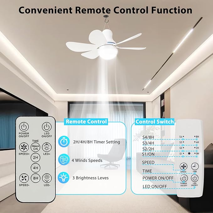 Portable USB Ceiling Fan with LED Light & Remote Control |4 Speeds,3 Light Modes,Timer |16.5 in Mini Size, 6 Detachable Blades|DC 5V Hanging Fan for Tent, RV, Camping,Patio & Home-Easy Install