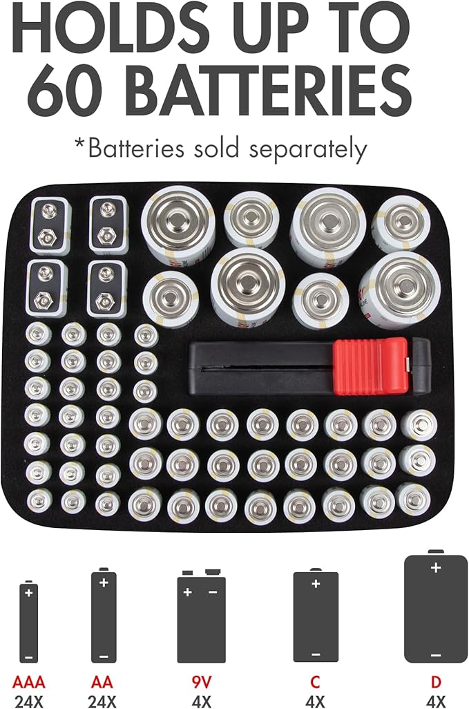 Tenergy Battery Organizer Storage Case with Battery Tester, Holds 60 Batteries AA AAA C D 9V (Batteries not Included)
