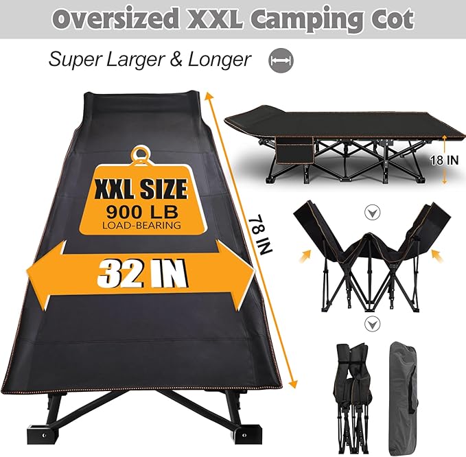ABORON Oversized XXL Folding Camping Cot W/Mat for Adults, 78" L x 32" W x 18" H, Heavy Duty Outdoor Bed with Carry Bag,1200 D Layer Oxford Travel Camp Cots