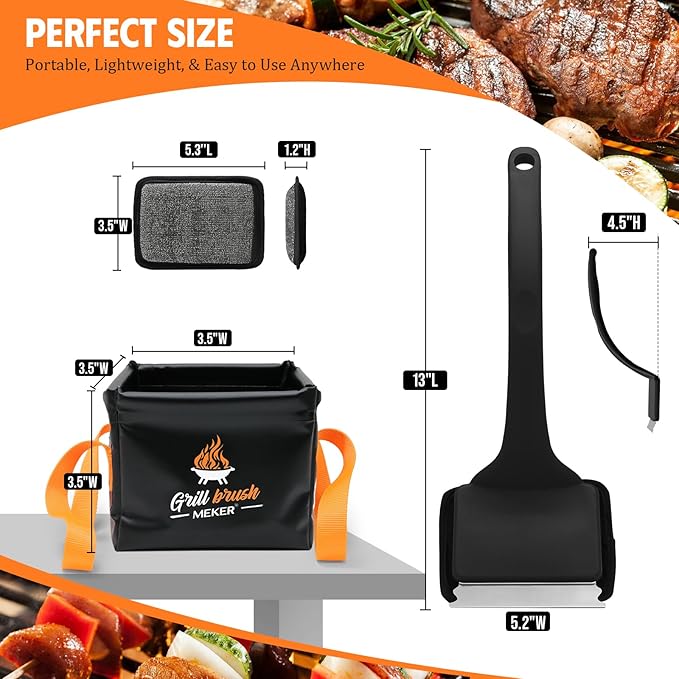 MEKER Grill Brush Bristle Free with Collapsible Bucket, 7 Pcs Grill Cleaner Brush with Durable Foldable Water Tank for Grill Cleaning, Portable Outdoor Grill Bucket, Dunk Tank, Black