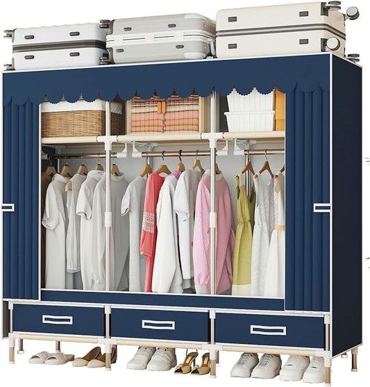 Heavy Duty Wardrobe Portable Closet Organizer Metal Clothing Rack for Hanging Clothes with Drawer Easy to Assemble Stronger Load-Bearing Detachable Design (Style 12)