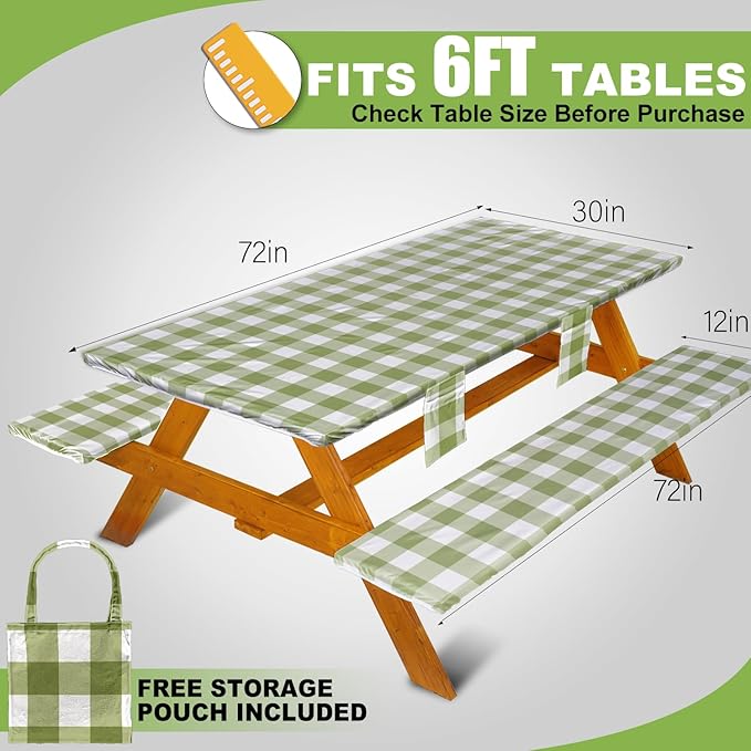 Picnic Table Cover with Bench Covers Vinyl Elastic Edges Fitted Rectangle Seat Tables Waterproof 3-Piece72X30in Set Outdoor Rectangular Folding Backing Tablecloth for Camping Over SizeTie-Dye 111