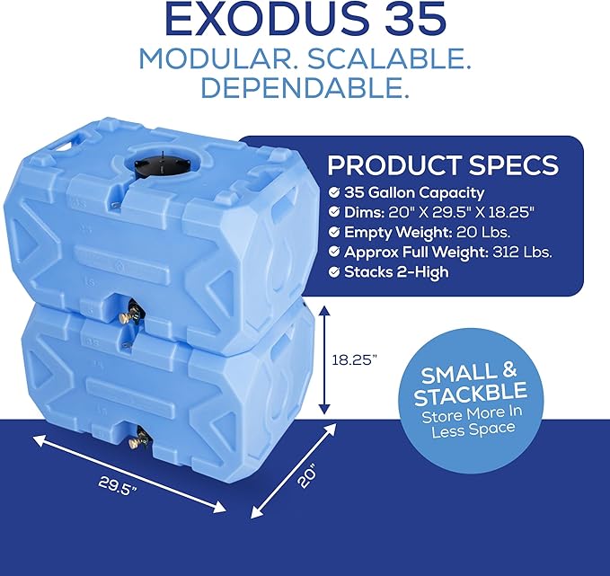 Exodus 35 Gallon Water Storage Tank by Rockwell Products | Emergency Water Storage Container | Stackable, BPA Free, Made in The USA