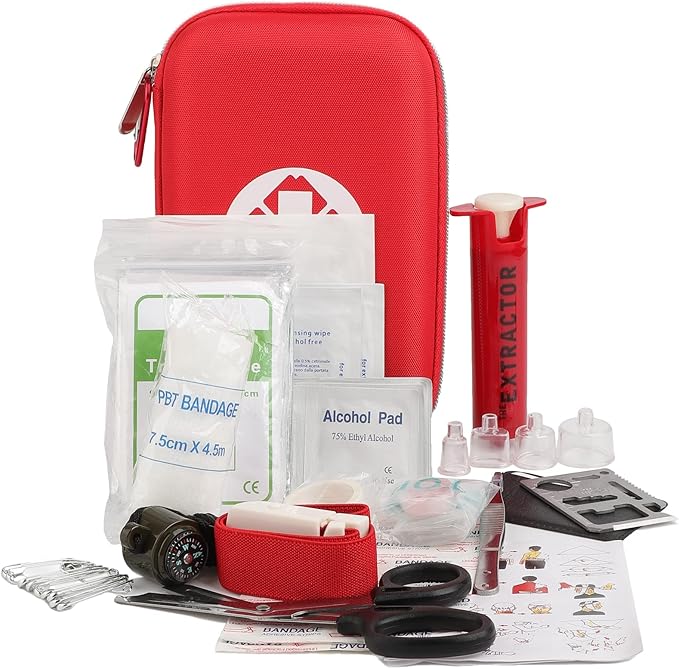 Snake Bite Kit, Bee Sting Kit, Emergency First Aid Supplies, Venom Extractor Suction Pump, Bite and Sting First Aid for Hiking, Backpacking and Camping. Includes Bonus CPR face Shield (Red)