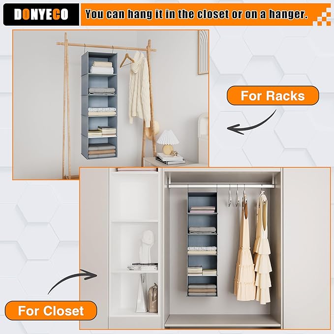 Hanging Closet Organizer 5-Shelf, Easy Mount Foldable Wardrobe Storage Shelves, Clothes Handbag Shoes Accessories, Washable Oxford Cloth Fabric, Gray