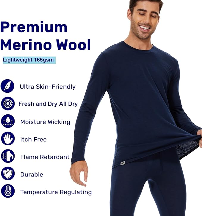 MERINNOVATION Merino Wool Base Layer Set for Men 100% Merino Wool Thermal Underwear Long Sleeve