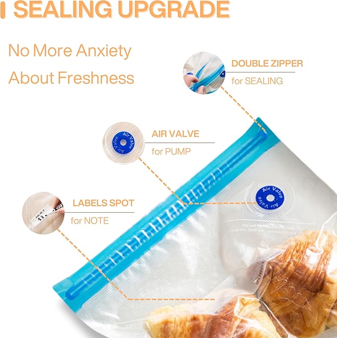 Vacuum Zipper Bags - Space-Saving Food Storage Bags for Vacuum Sealing, Reusable & BPA-Free, Ideal for Travel and Camping, Keeps Food Fresh (7" x 10" 10 count)