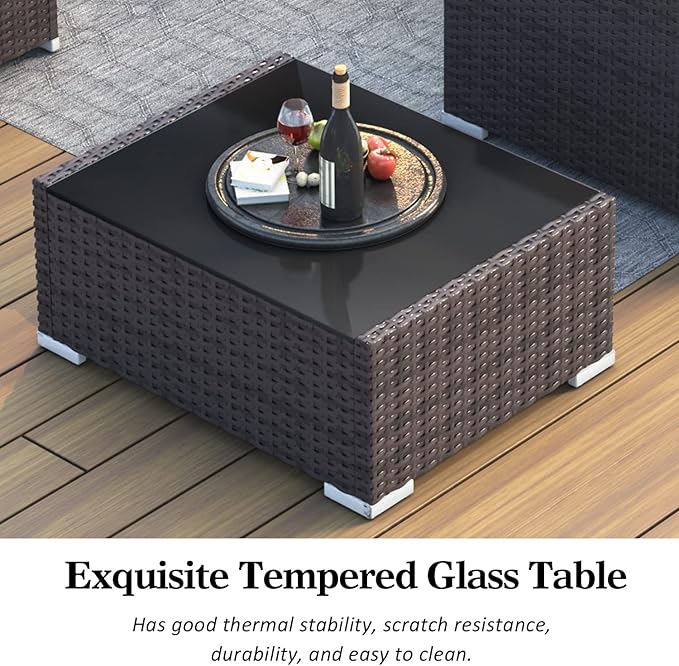 LayinSun 10 Pieces Outdoor Patio Furniture Set with 44" Fire Pit Table Brown Rattan Sectional Sofa Conversation Sets