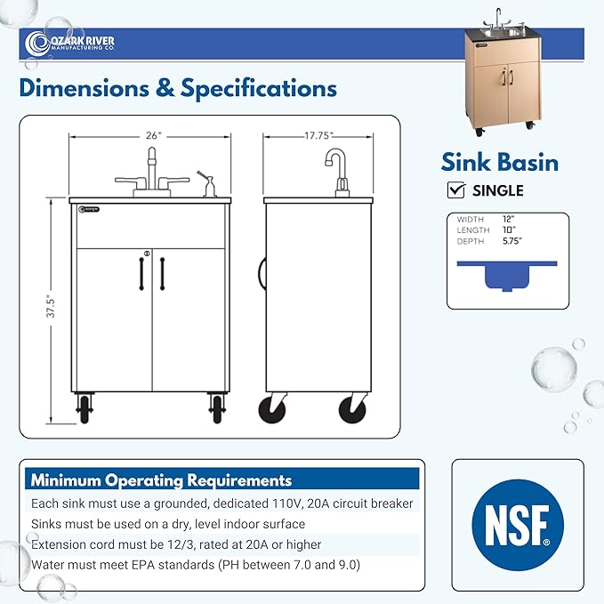 Ozark River Portable Sinks Premier 1, Maple Laminate-Laminate Countertop-Stainless Basin, Self Contained Sink, Hand Washing Station, Portable Sink with Hot Water, Portable Sink Hand Wash Station