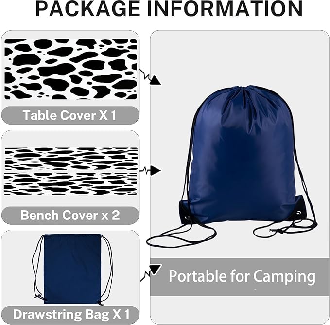 CAPSCEOLL Fitted Picnic Table Cover with Bench Covers with Elastic 8Ft Waterproof Camping Picnic Table Cover Cloths for Outdoors Camping Tablecloth with Drawstring Bag, 96X30in, Black White