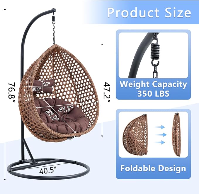 JUFU Egg Swing Chair with Stand,Hanging Egg Chair Indoor Outdoor,Hammock Hanging Basket Chair with Aluminum Steel Frame，Patio Egg Chair with Removable Cushions for Patio Balcony Backyard,Bedrooms