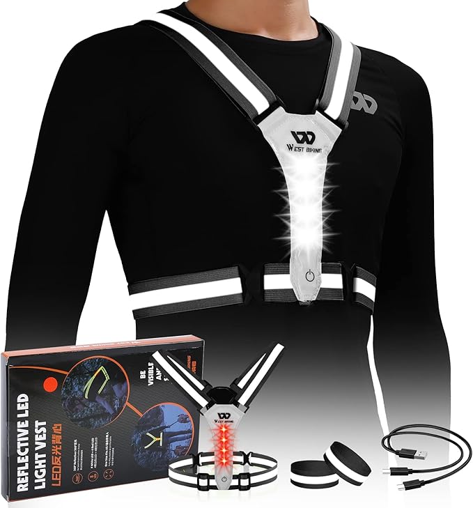 West Biking Running Vest Light - Led Running Reflective Gear for Walking at Night, High Visibility Night Rechargeable Light Up Running Vest, Adjustable Running Lights for Runners