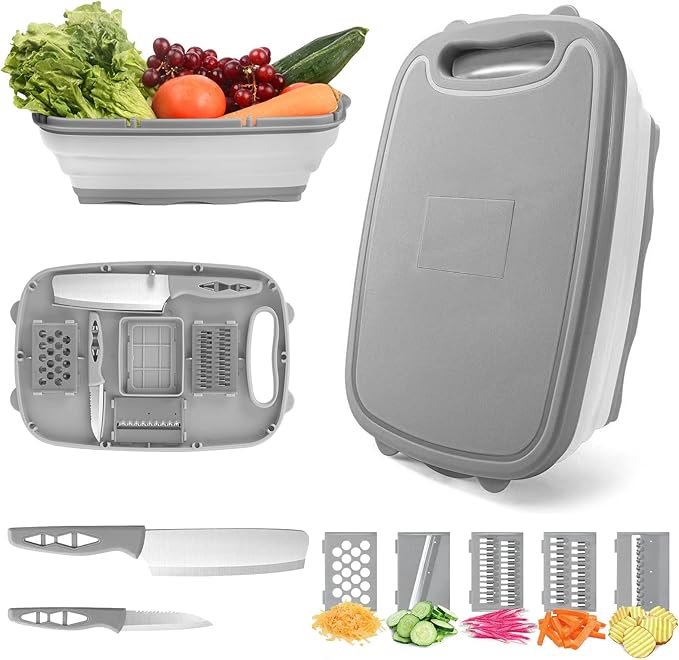 HI NINGER Collapsible Cutting Board with Colander, 9-In-1 Multi Chopping Board Kitchen Vegetable Washing Basket for Camping Gifts Camping Accessories for RV Campers