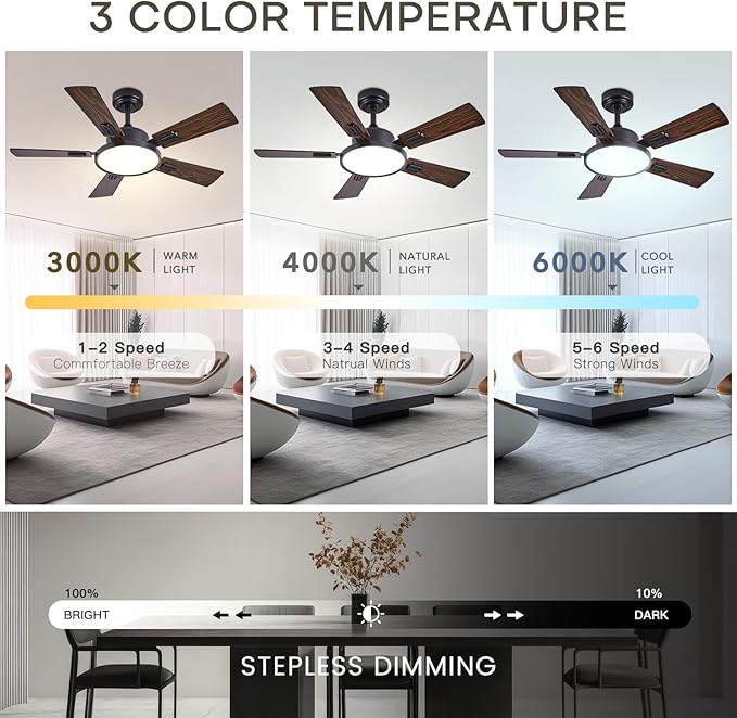 42" Ceiling Fans with Lights Remote Control, Black Ceiling Fan with Dimmable 3CCT LED Light, 6 Speeds Quiet Reversible Wood Ceiling Fan Light for Bedroom, Farmhouse, Garage, Office, Indoor Use