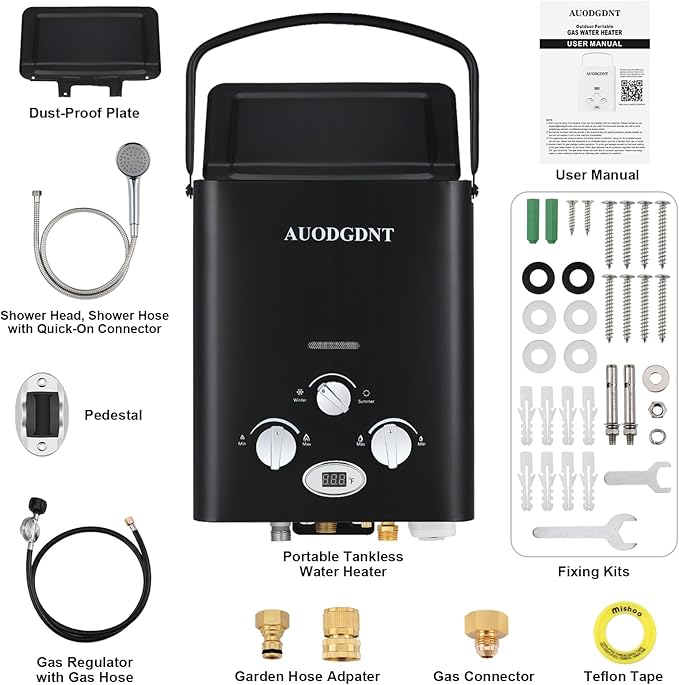 Portable Water Heater Propane Tankless,6L 1.58GPM Outdoor Instant Gas Water Heater with LED Display for RV, Camping,Outdoor Shower(Black)