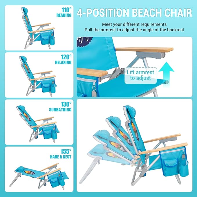 #WEJOY Folding Beach Chair for Adults, 4-Position Aluminum Lightweight Beach Chair, Low Sands Chairs with Shoulder Strap, Cup Holder and Padded Headrest, Supports 265lbs for Lawn
