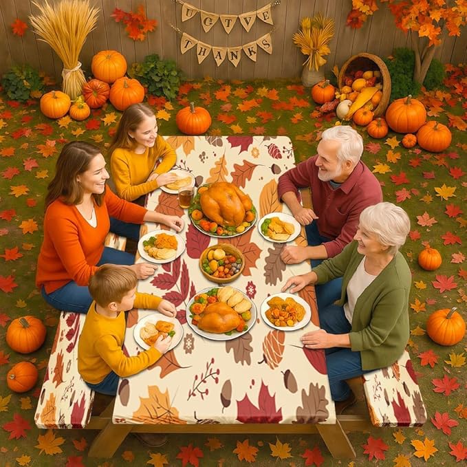 Picnic Table Cover with Bench Covers Elastic Edges, Autumn Fall Fitted Table Cover, Outdoor Patio Camping Essentials 72 Inch 3PCS, Waterproof Camping Fitted Tablecloth with Drawstring Bag