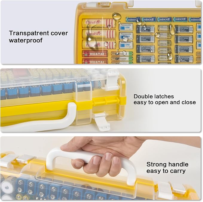 Battery Organizer Storage Holder Case with Double-Sided, Garage Box with Tester Checker. Batteries Container for 269pcs AA AAA AAAA 3A 4A 9V C D Lithium 4LR44 CR2 CR123A CR1632 CR2032 18650 - Yellow