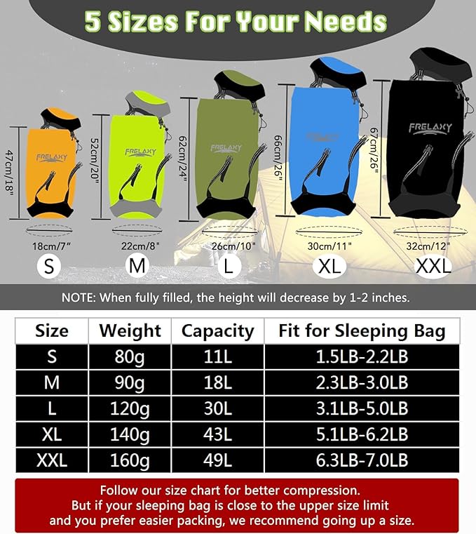 Frelaxy Compression Sack, 40% More Storage! 11L/18L/30L/45L/52L Compression Stuff Sack, Water-Resistant & Ultralight Sleeping Bag Stuff Sack - Space Saving Gear for Camping, Hiking