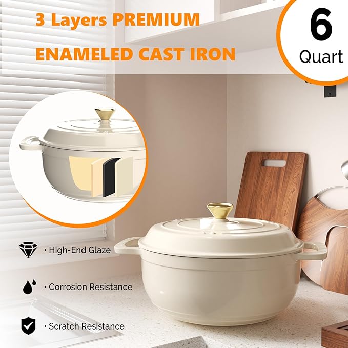 BONNLO 6QT Round Dutch Oven, Enameled Cast Iron Dutch Oven Pot with Lid & Dual Handles, Oven Safe Up to 500° F, for Sourdough, Bread Baking, Stews and Roasting (Cream)
