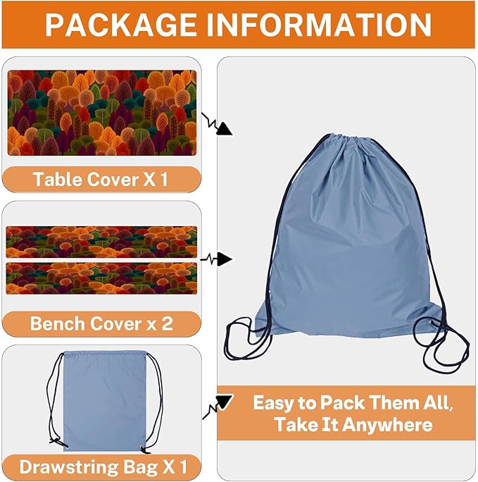 Picnic Table Cover with Bench Covers Elastic Edges, Fall Tree Fitted Table Cover, Outdoor Patio Camping Essentials 72 Inch 3PCS, Waterproof Camping Fitted Tablecloth with Drawstring Bag