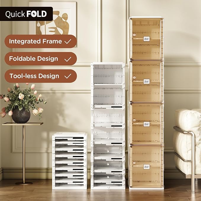 ANTBOX Shoe Organizer Storage Box, Portable Folding Shoe Rack for Closet with Magnetic Clear Door,Large Sneaker Cabinet Bins Sturdy Easy Assembly 8 Layers-8 Grids