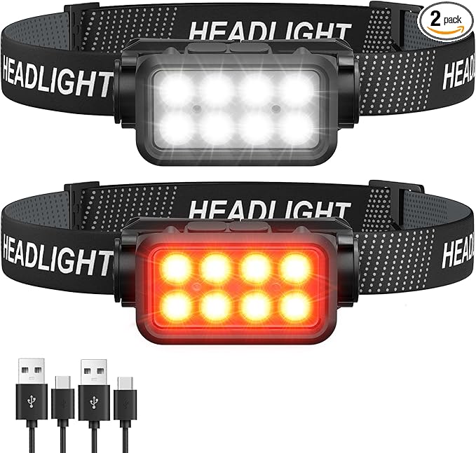 Rechargeable Headlamp Flashlight, 8 LED 2500 Lumen Super Bright Headlight with White Red Light & Motion Sensor, 2-Pack Waterproof Head Lamp for Adult Kid, Headlamps for Outdoor Camping Running Fishing