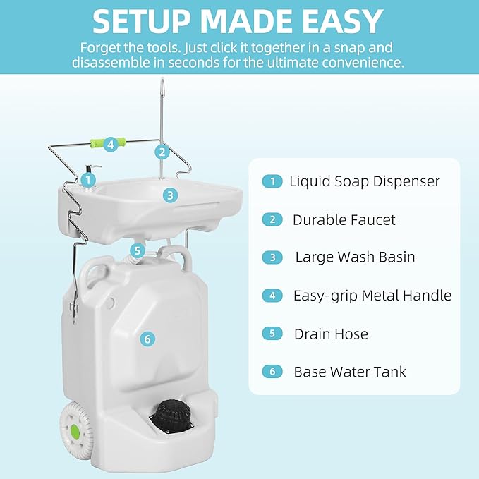 YITAMOTOR 38L Portable Camping Sink, Portable Hand Washing Station with Adjustable Wash Basin, Large Wheels, Foot Pump, Towel Holder Soap Dispenser for Outdoors, Garden, Camping, Worksites, Camping