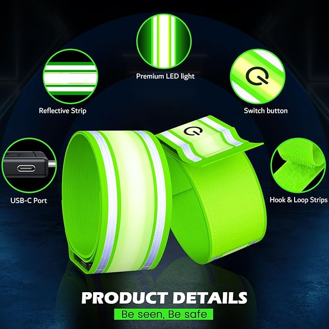 LED Armband for Running 2 Pack, 5 Colors 3 Lights Modes Rechargeable Reflective Light Up Arm Bands, High Visibility Reflective Gear for Running Walking Cycling at Night (Green)