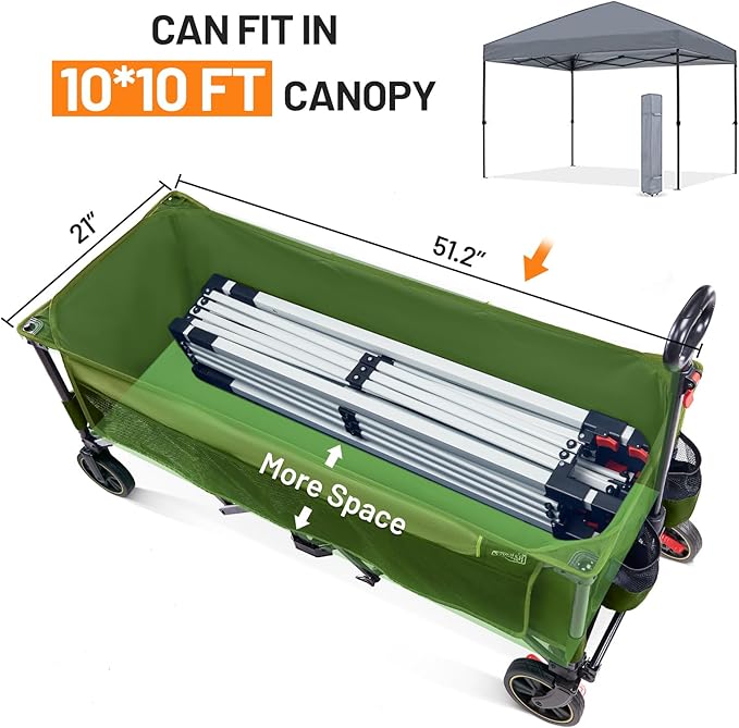 Timber Ridge 51.2'' Extended Collapsible Wagon Cart with Brakes and Cargo Net, 350LBS Heavy Duty Foldable Utility Wagon with Adjustable Handle, 400L Capacity Portable Cart for Camping Sports Shopping