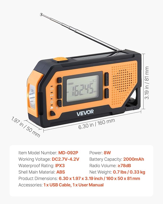 VEVOR Emergency Weather Radio, 2000mAh Battery, FM/AM/WB/NOAA Alert Solar Hand Crank Emergency Radio, with USB Charging Cable, SOS Alarm and Flashlight, Portable for Outdoor Emergencies, Camping