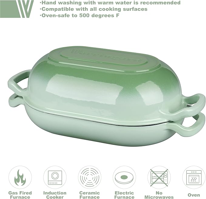 Enameled Cast Iron Sourdough Bread Oven, Dutch Oven, Loaf Cast Iron Bread Pan for Homemade Bread Baking, Meatloaf Pan with Lid, 5QT, Green