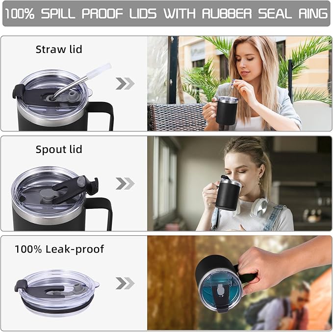 Volhoply 12oz Insulated Leakproof Coffee Mug with Flip & Straw Lid Bulk 4 Pack,Double Wall Vacuum Stainless Steel Travel Tumbler Cup with Handle,Camping Mugs Keep Cold/Hot(Black,4 Set)