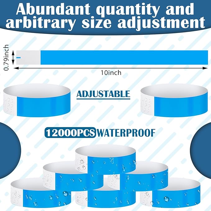 Tudomro 12000 Pcs Paper Wristbands for Events Arm Hand Lightweight Neon Colored Concert Party Wristbands Adhesive Paper Bracelets Waterproof(Blue)