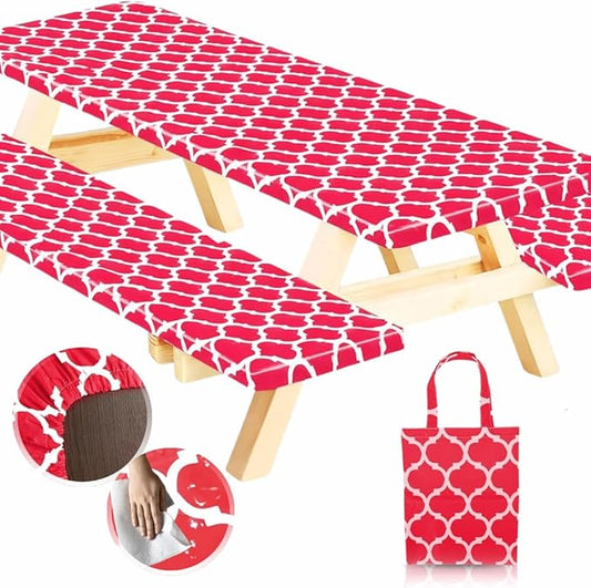 RNOONY Fitted Picnic Table Cover with Bench Covers and Bag, 6ft Outdoor Waterproof Windproof Picnic Tablecloth with Elastic Edges. Camping RV Gear Must Have 72x30 Inches 3 Pcs Set (Red Moroccan)