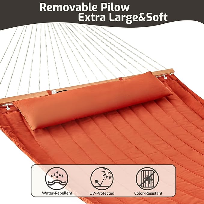 Double Quilted Fabric Hammock with Hardwood Spreader Bars and Pillow 450 LBS Capacity 2 Person Large Hammock for Outdoor Patio Backyard Poolside - Terracotta