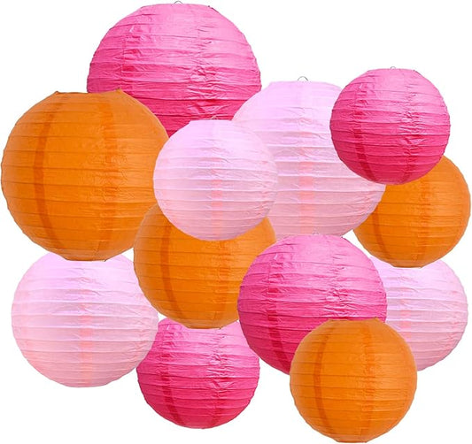 BEISHIDA 12Pcs Pink Orange Paper Lanterns Decorative Hanging Round Paper Lanterns Lamp for Birthday, Wedding,Bridal,Home Decor,Outdoor Decoration,Party Decoration