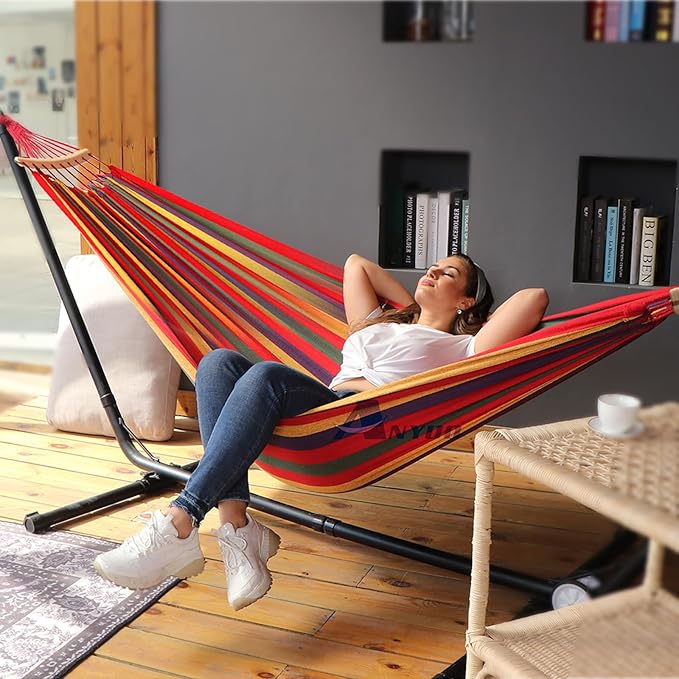Anyoo Garden Cotton Hammock Comfortable Fabric Hammock with Spreader Bar Sturdy Hammocks Up to 450lbs Portable Lightweight Hammocks with Travel Bag for Camping Outdoor/Indoor Patio Backyard