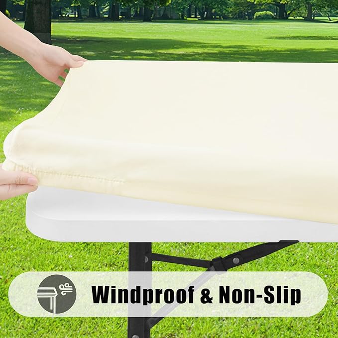 Smiry 2 Pack Rectangle Picnic Table Cloth, Waterproof Elastic Fitted Tablecloths, Washable Polyester Rectangular Patio Table Cover for Camping, Indoor and Outdoor (Beige, 30"x72")
