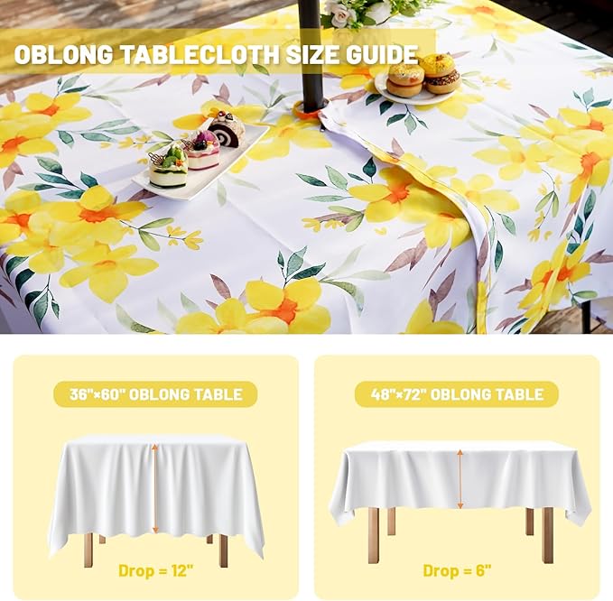 SquarePie Outdoor Indoor 60x84 inch Rectangle Tablecloth with Umbrella Hole and Zipper, Waterproof Patio Zippered Table Cloth Cover for Spring Summer Party Picnic,Yellow Flower