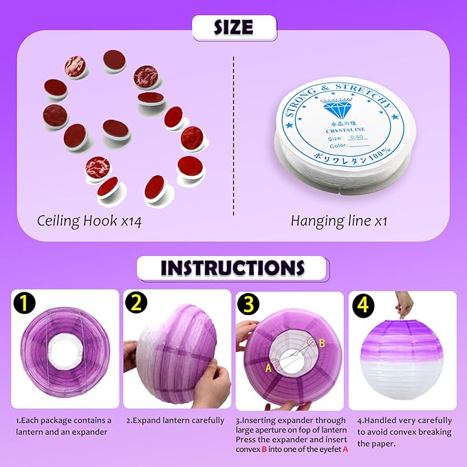 14 PCS Paper Lanterns, Gradient Purple Round Paper Decorative Lantern Lamps, Hanging Lanterns Chinese Tissue Indoor Room & Outdoor Party Supplies Decoration